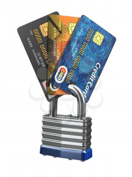 Credit card data security concept. Cards and lock isolated on white. 3d