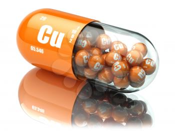 Pills with copper cuprum Cu element. Dietary supplements. Vitamin capsules. 3d