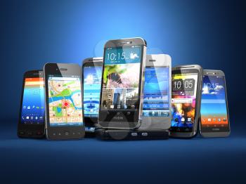 Choose mobile phone. Row of the different smartphones on blue background. 3d