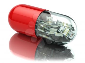Dollar packs in the capsule, pill. Healthcare costs or financial aid concept. 3d