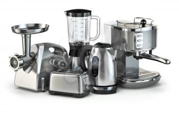 Metallic kitchen appliances. Blender, toaster, coffee machine, meat ginder and kettle isolated on white. 3d