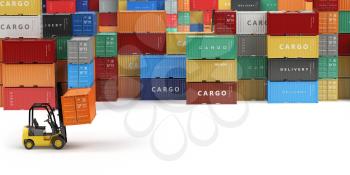 Cargo shipping containers in storage area with forklifts with space for text. Delivery or warehouse concept.  3d