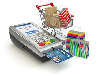 Shopping online concept. Pos terminal with credit card and shopping cart and bag with purchases. 3d