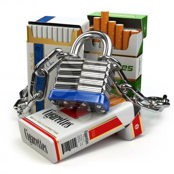 Stop smoking concept. Pack of cigarettes and lock with chain. 3d