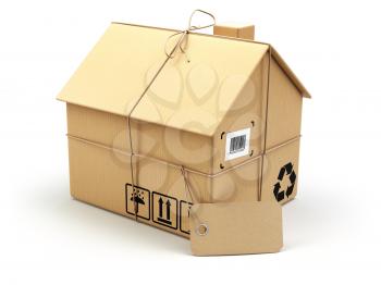 Delivery concept. Moving house.Real estate market.  Cardboard box as home isolated on white. 3d