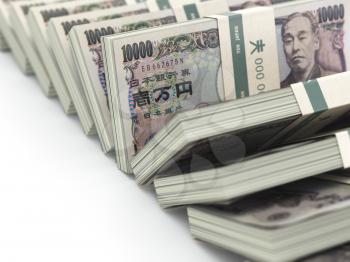 Row of japanese yen pack money  on white background.