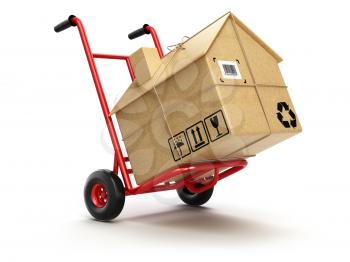 Delivery or moving houseconcept. Hand truck with cardboard box as home isolated on white. 3d