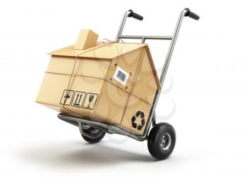 Hand truck with cardboard box as home isolated on white. Delivery or moving house concept. 3d