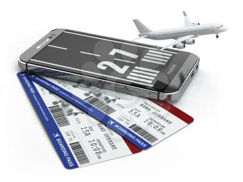 Buying airline tickets online concept.  Smartphone or mobile phone with runway, airplane and boarding pass. 3d