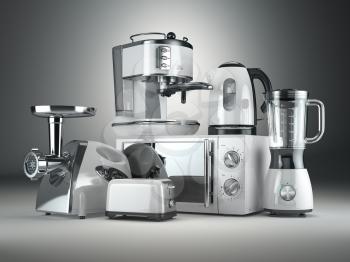 Kitchen appliances. Blender, toaster, coffee machine, meat ginder, microwave oven and kettle. 3d