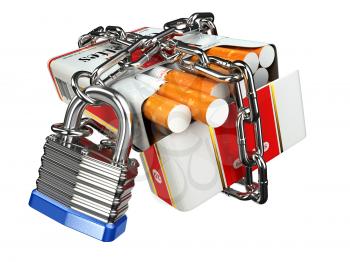 Stop smoking concept. Pack of cigarettes and lock with chain. 3d