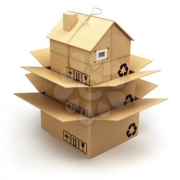 Moving house.  Cardboard box as home isolated on white. Real estate market. Delivery concept. 3d