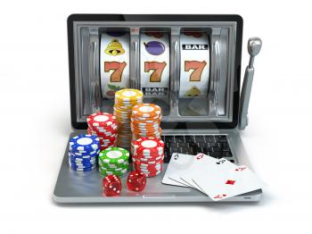 Casino online concept, gambling. Laptop slot machine with dice and cards. 3d