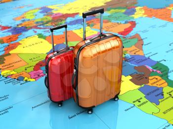 Travel or tourism concept. Luggage on the world map. 3d