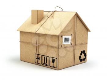 Moving house. Real estate market. Delivery concept. Cardboard box as home isolated on white. 3d