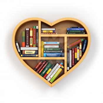 Education concept. Bookshelf with books and textbooks in form of heart. I love reading. 3d