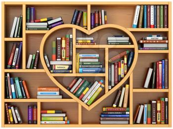 Education concept. Bookshelf with books and textbooks in form of heart. I love reading. 3d