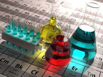 Laboratory test tubes and flasks with colored liquids on the periodic table of elements. Science chemistry concept.  3d