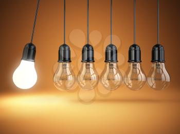 Idea o creativity concept. Light bulbs and perpetual motion. 3d