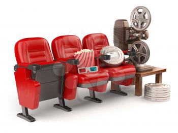 Cinema, movie or home video concept. Seats with reels, popcorm and  projector isolated on white. 3d
