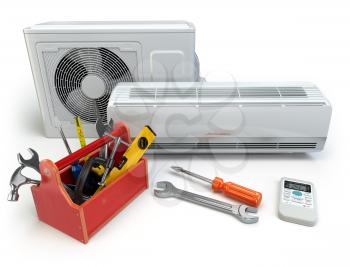 Air conditioner with toolbox and tools. Repair of air-conditioner concept. 3d