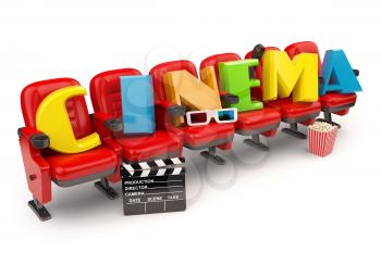Cinema, movie or video concept. Row of seats with popcorm, glasses and clapper board  isolated on white. 3d