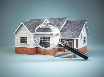 House and loupe magnifying glass. Real estate searching concept. 3d