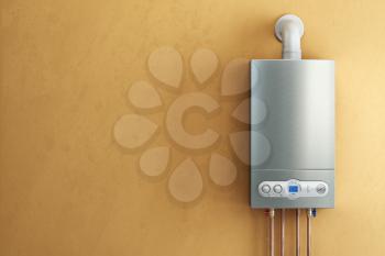Gas-fired boiler on yellow background. Home heating. 3d