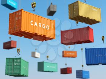 Cargo shipping containers in storage area with forklifts. Delivery background concept. 3d
