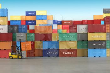 Delivery or warehouse  background concept. Cargo shipping containers in storage area with forklifts. 3d