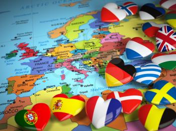 Travel EU concept. Map of Europe and hearts with flags of european countries.  3d