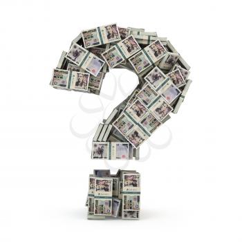 Question sign from packs of yen isolated on white. Where to invest money concept. 3d