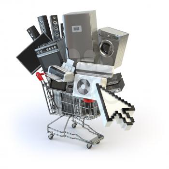 Home appliances in the shopping cart and cursor. E-commerce or online shopping concept. 3d