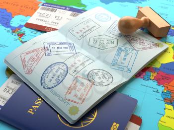 Travel or turism concept. Opened passport with visa stamps with airline boarding pass tickets and stamper on the world map. 3d