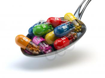 Capsules and pills on the spoon, isolated on white. Dietary supplements. 3d