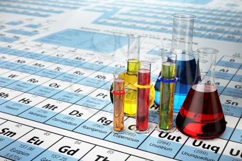 Science chemistry concept. Laboratory test tubes and flasks with colored liquids on the periodic table of elements.  3d illustration