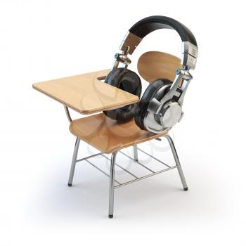 Webinar training or audiobooks  concept. E-learning education online. Headphones and schooldesk isolated on white. 3d