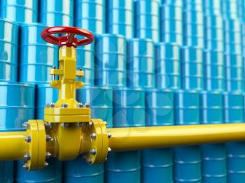 Yellow gas pipe line valves and blue oil barrels. Fuel and energy industrial concept. 3d illustration