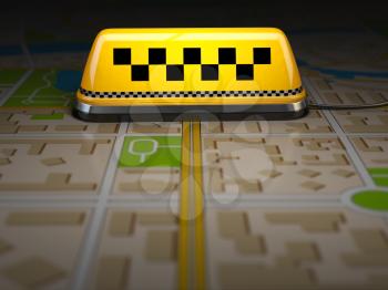 Taxi sign on the city map. Concept of taxi online service. Space for text. 3d
