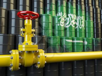 Oil pipe line valve in front of the Saudi Arabia flag on the oil barrels.  Gas and oil fuel energy concept. 3d illustration