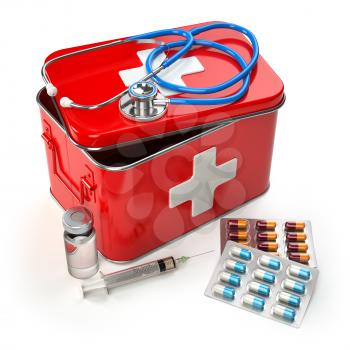 First aid kit with stethoscope, pills and syringe on the table. 3d