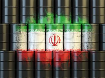 Iranian oil fuel energy concept. Iranian flag painted on oil barrels. 3d illustration