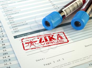 Zika virus diagnosis. Blood test sample with  Zika virus stamp, 3d illustration