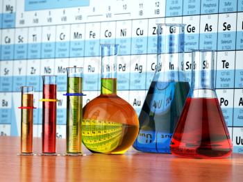 Science chemistry concept. Laboratory test tubes and flasks with colored liquids on the periodic table of elements.  3d illustration