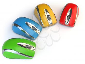 Computer mouses with different colors isolated on white. 3d