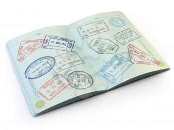 Opened passport with visa stamps on the  pages isolated on white. 3d