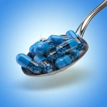 Medicine concept. Spoon full of capsules and pills on the blue background. Medical Background.3d