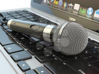 Microphone on the laptop keyboard. Digital audio  music software or karaoke concept. 3d illustration