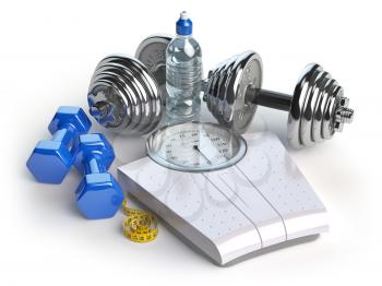 Fitness and weight loss concept. Weigh scales, dumbells and measuring tape. Healthy lifestyle. 3d