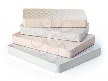 Mattress isolated on white background. Stack of orthopedic mattresses of different colors and sizes. 3d illustration